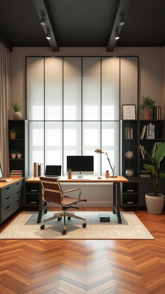 A stylish home office featuring room dividers, modern furniture, and a warm wooden floor.