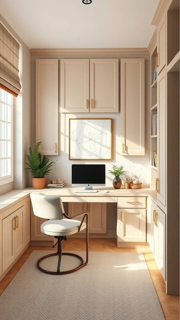 Cozy home office with beige cabinets and a neutral countertop desk