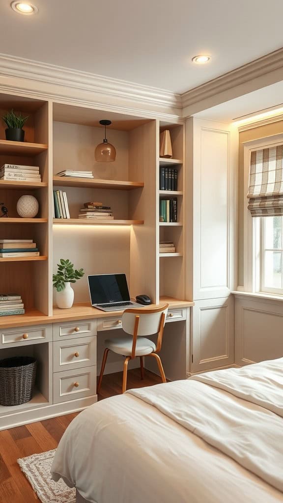 Cozy adult bedroom with built-in furniture, featuring a desk and shelves.