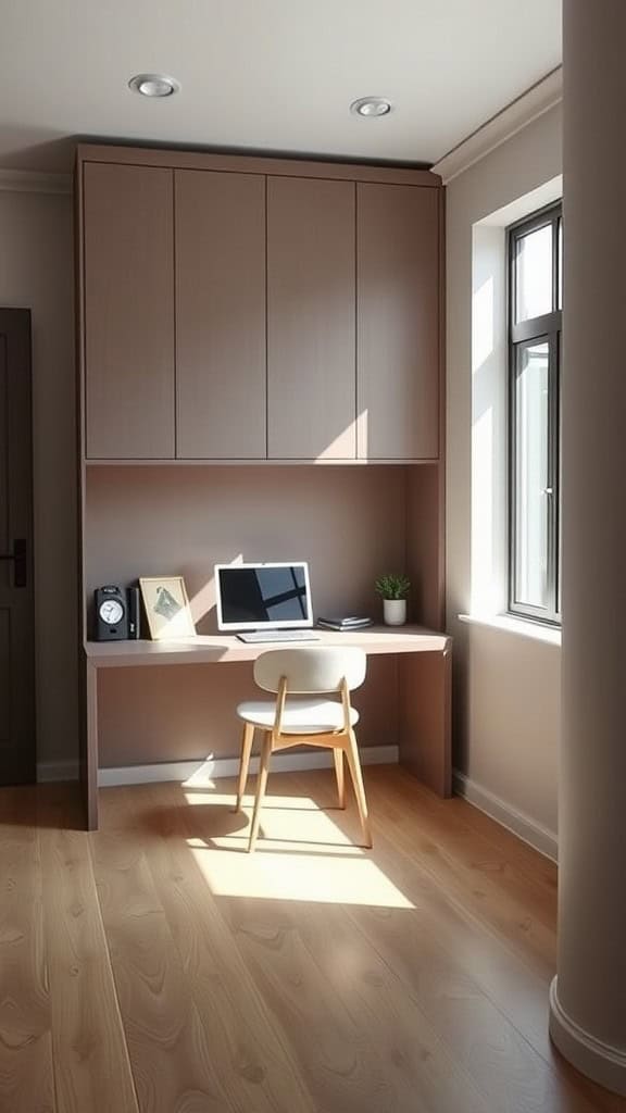 A minimalist home office with a built-in desk and storage, featuring natural light and a simple chair.