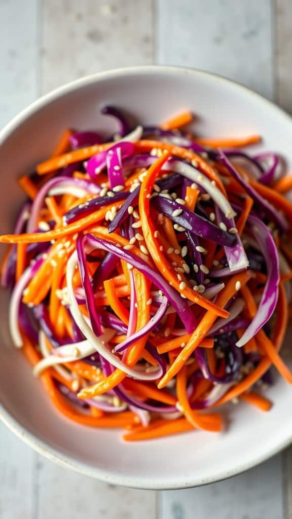 A bowl of colorful cabbage and carrot slaw with sesame seeds on top.