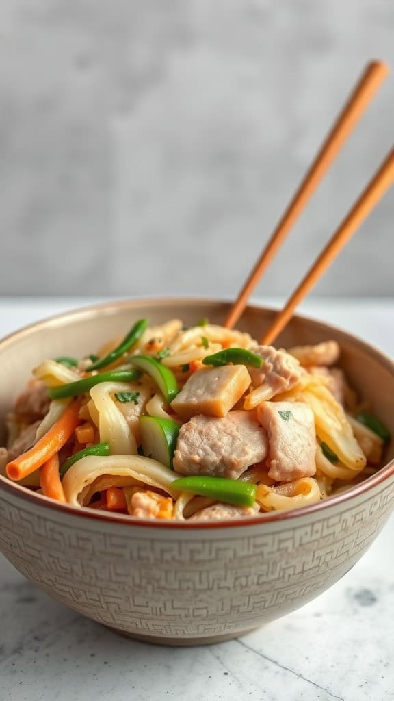 A bowl of cabbage and turkey stir-fry with vegetables