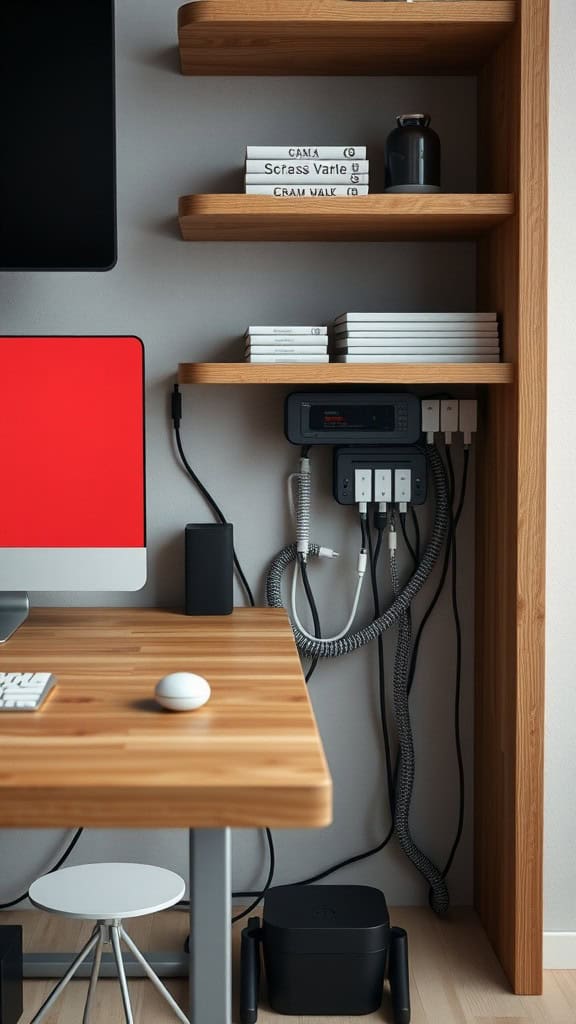 A neat workspace showing a desk with an iMac, organized shelves, and well-managed cables.