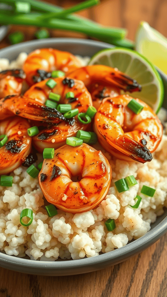 A bowl of Cajun shrimp served on cauliflower rice, garnished with green onions and lime.