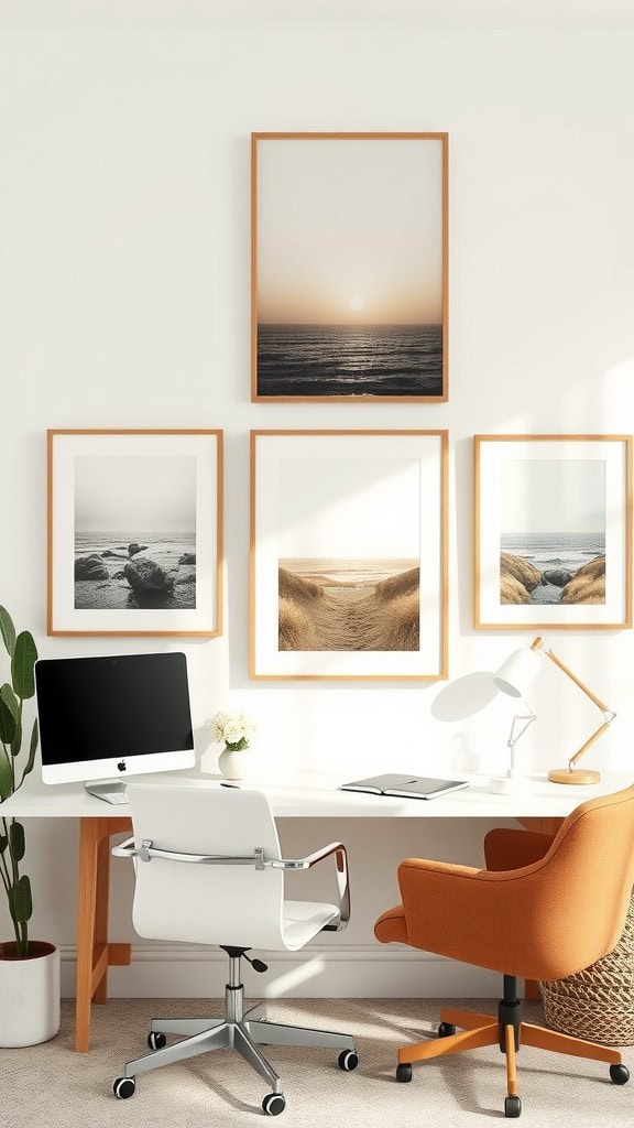 A serene workspace featuring framed photographs of the ocean and landscapes, with a modern desk and chairs.