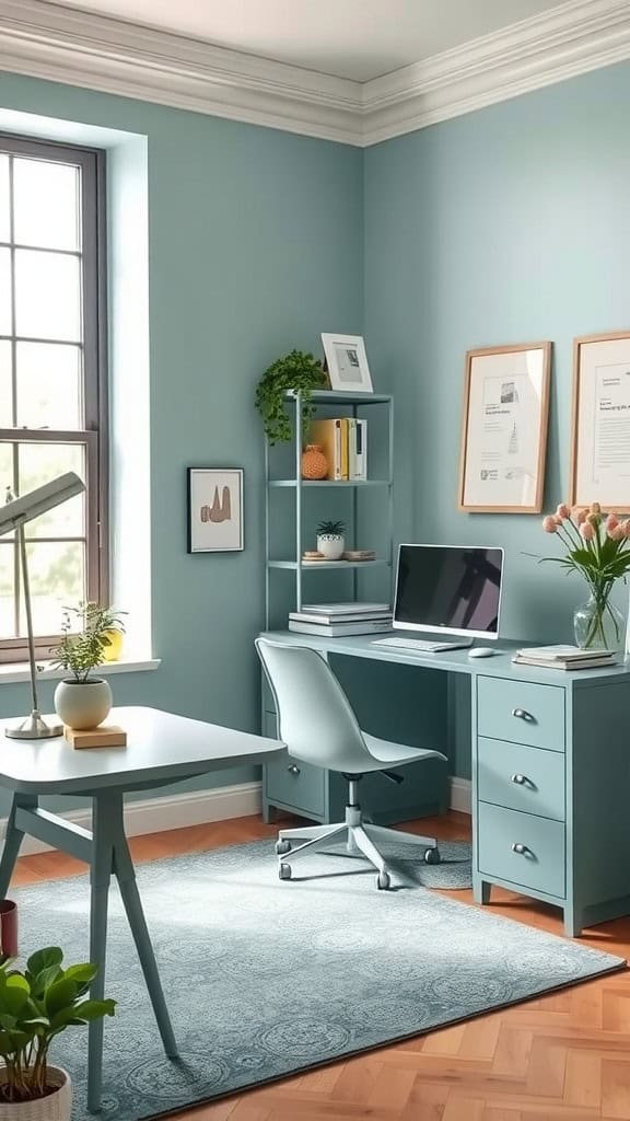 A calming workspace with soft blue walls, a desk, chair, and a plant