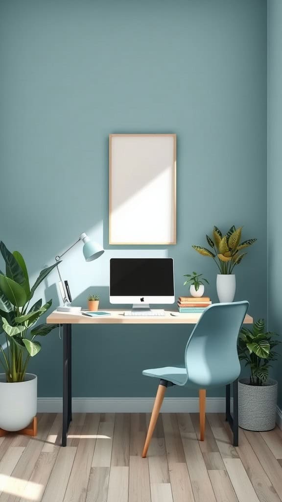 A serene white home office with blue walls, modern desk, and houseplants.