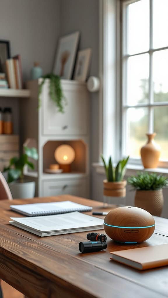 A calming essential oil diffuser on a wooden desk with plants and notebooks in a cozy home office setting.