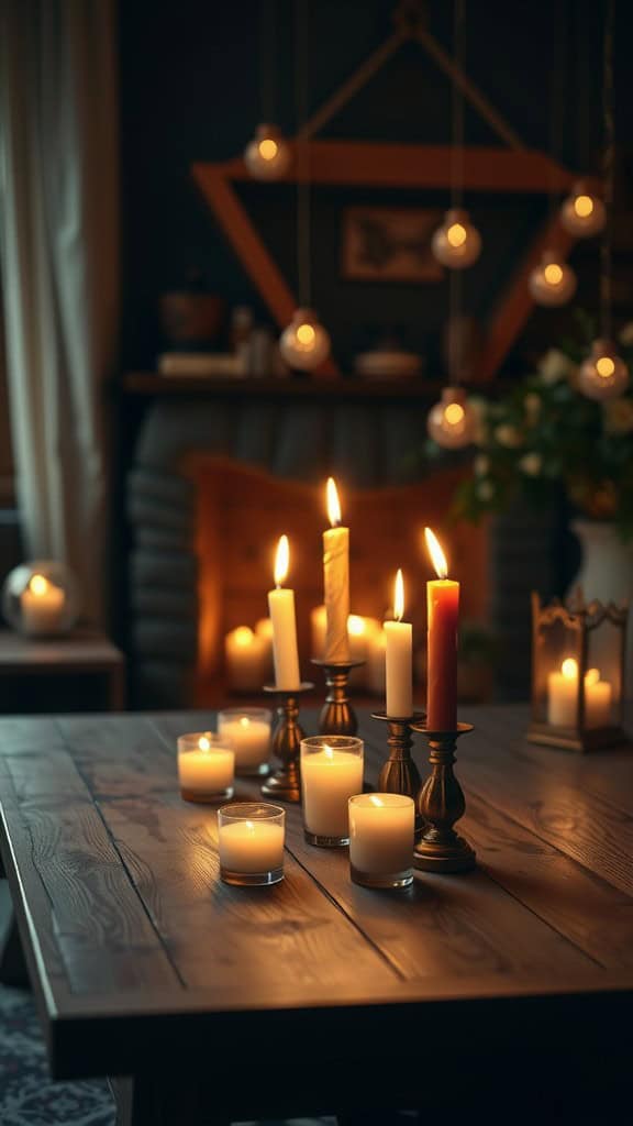 A cozy setting with various candles on a wooden table, featuring a warm glow and minimalist Christmas decor.