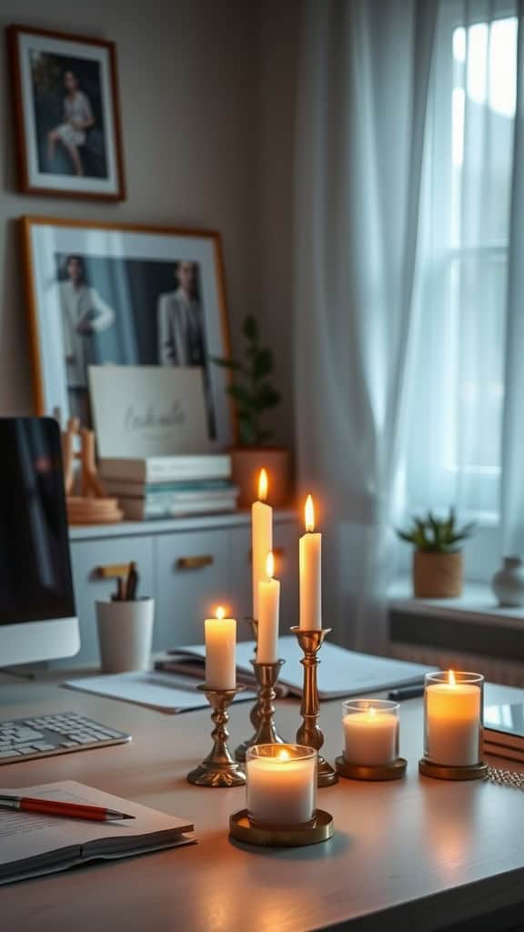 A bright feminine office with lit candles on a desk, candles placed in decorative holders.