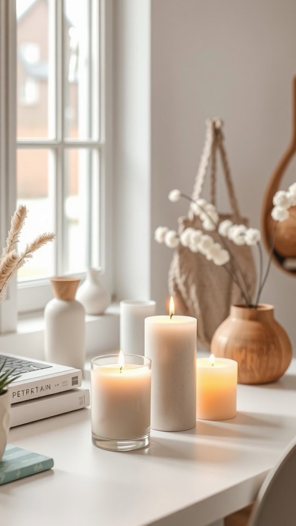 A cozy home office setup featuring soft beige and ivory candles placed on a white desk.