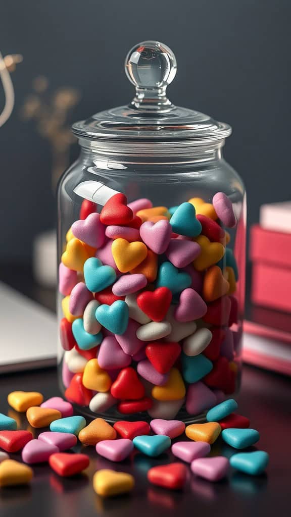 A glass jar filled with colorful heart-shaped candies on a desk.