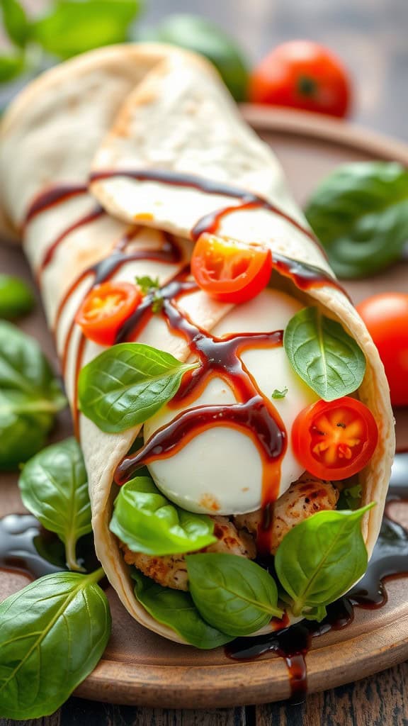 A delicious Caprese Chicken Wrap with chicken, tomatoes, and basil on a plate