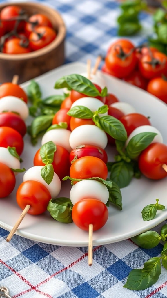 Fresh Caprese salad skewers with cherry tomatoes, mozzarella, and basil on a plate