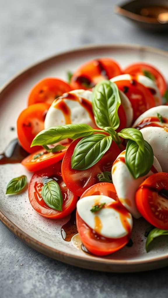 A colorful plate of Caprese salad featuring slices of tomatoes and mozzarella, garnished with fresh basil and a balsamic drizzle.