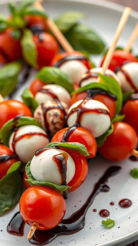 Delicious Caprese skewers with cherry tomatoes, mozzarella, basil, and balsamic glaze.