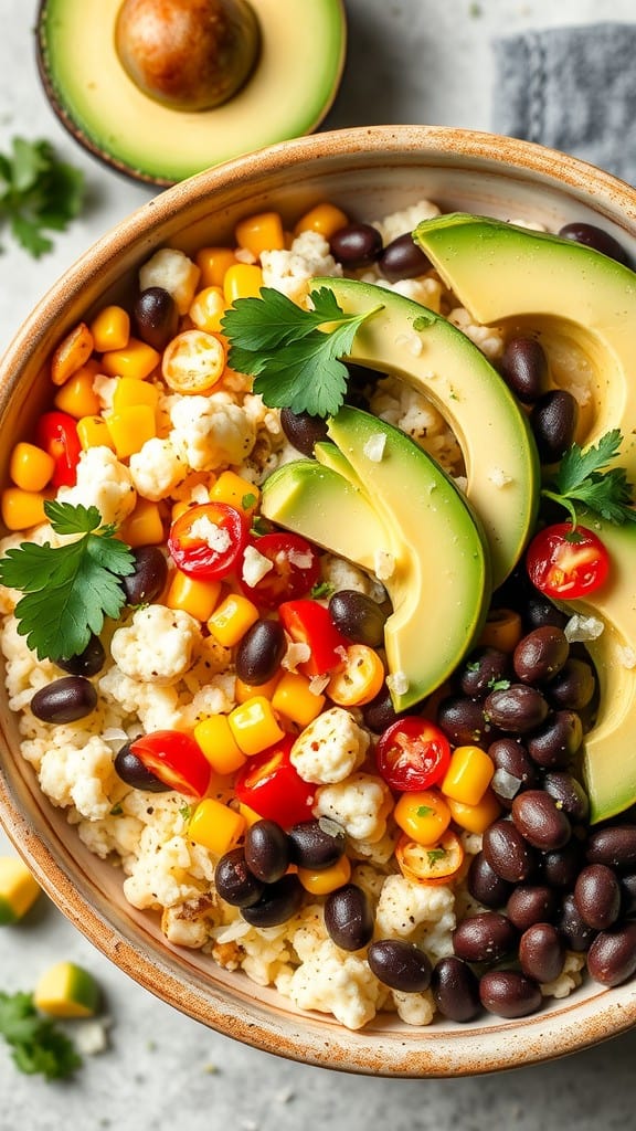 A colorful bowl of cauliflower rice topped with avocado, black beans, corn, cherry tomatoes, and cilantro.