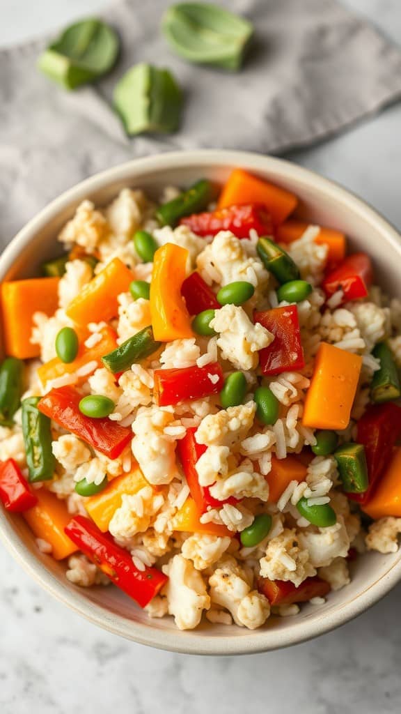 A bowl of cauliflower rice stir-fry with colorful vegetables.