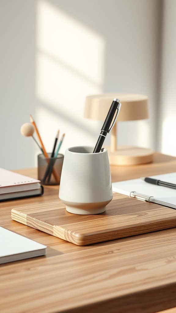 A ceramic pen holder on a wooden desk, holding a pen and surrounded by office supplies.