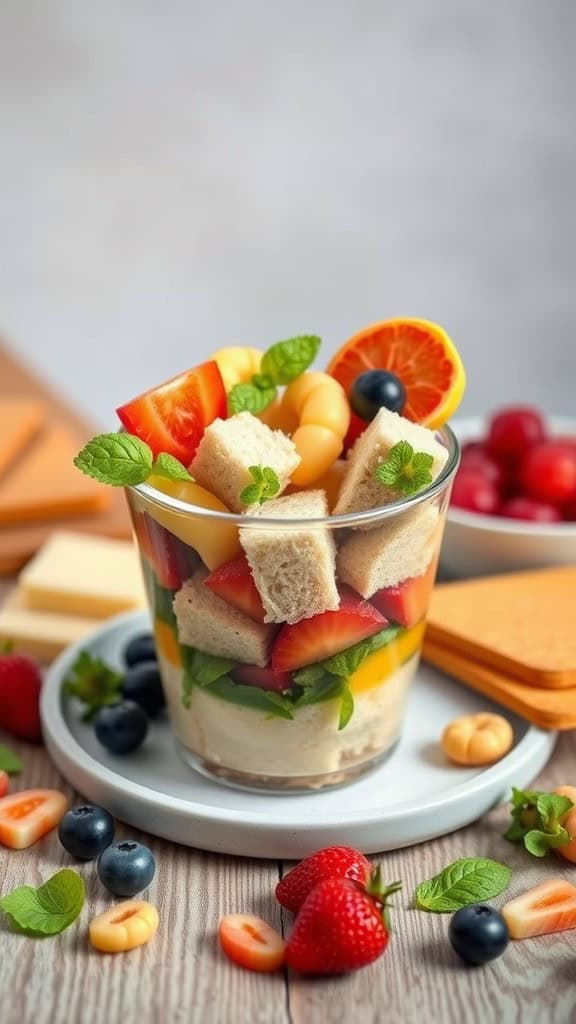 A colorful charcuterie cup for kids, featuring fruits, soft bread, and mint.