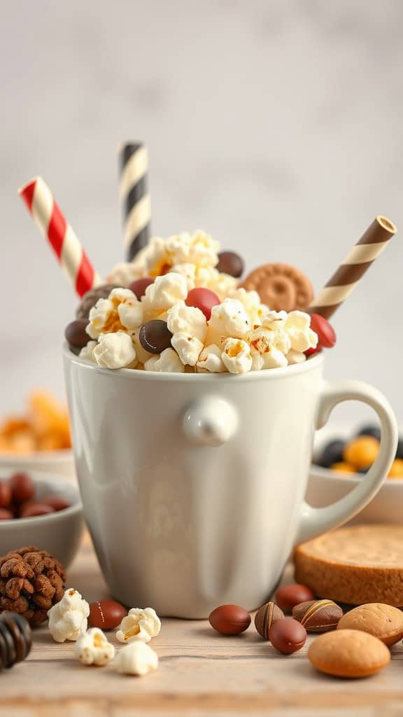 A cup filled with popcorn, chocolate candies, and colorful straws, surrounded by various snacks.