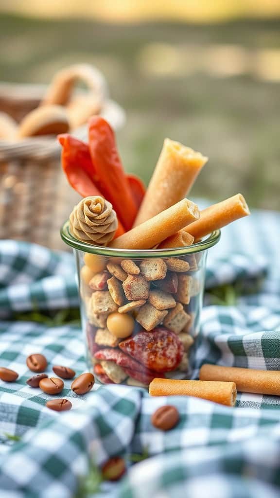 A charcuterie cup filled with meats, cheeses, and crackers on a picnic blanket