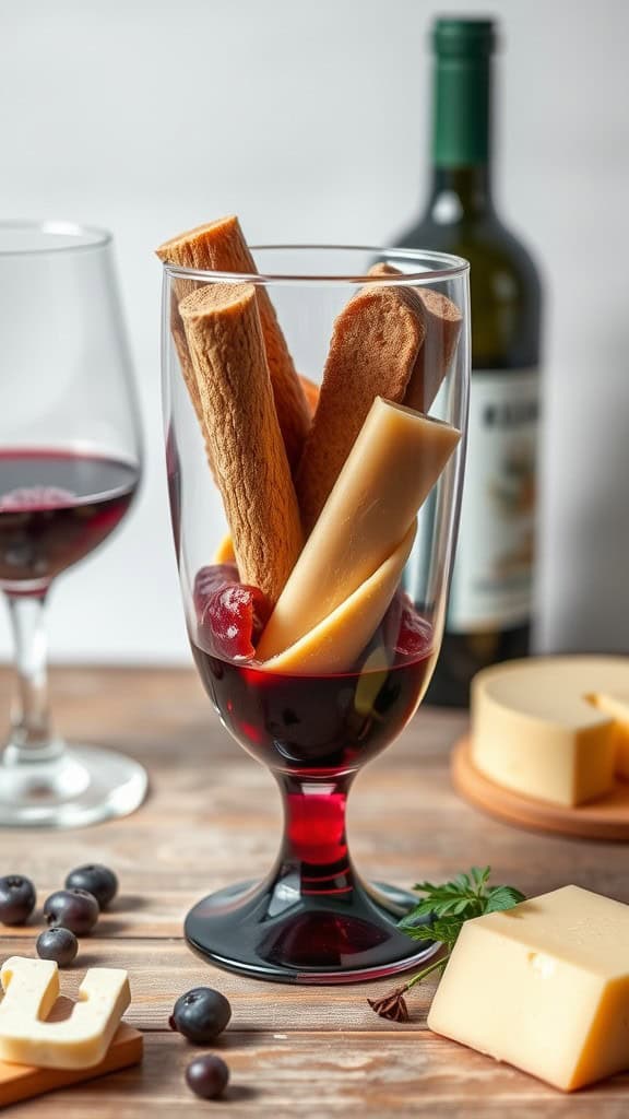 A charcuterie cup filled with assorted cheeses and accompanied by red wine.