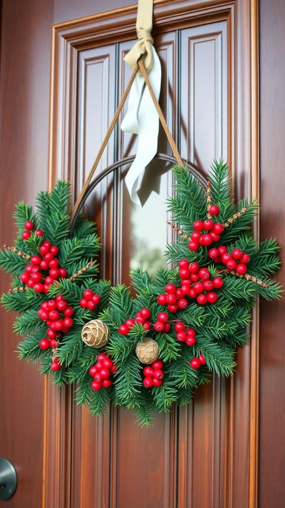 A beautiful Christmas wreath with red berries and pine on a wooden door.