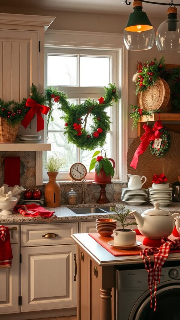 A cozy kitchen decorated for the holidays with wreaths, bows, and warm lighting.