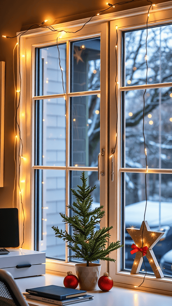 A cozy window decorated with string lights, a small tree, and festive ornaments.