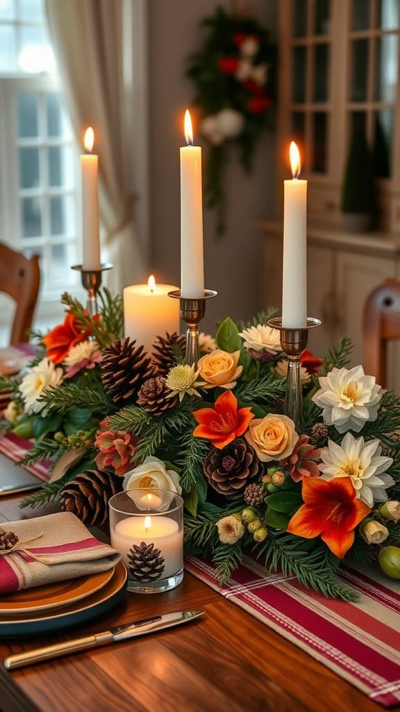 A beautifully arranged table centerpiece with flowers, candles, and pinecones.