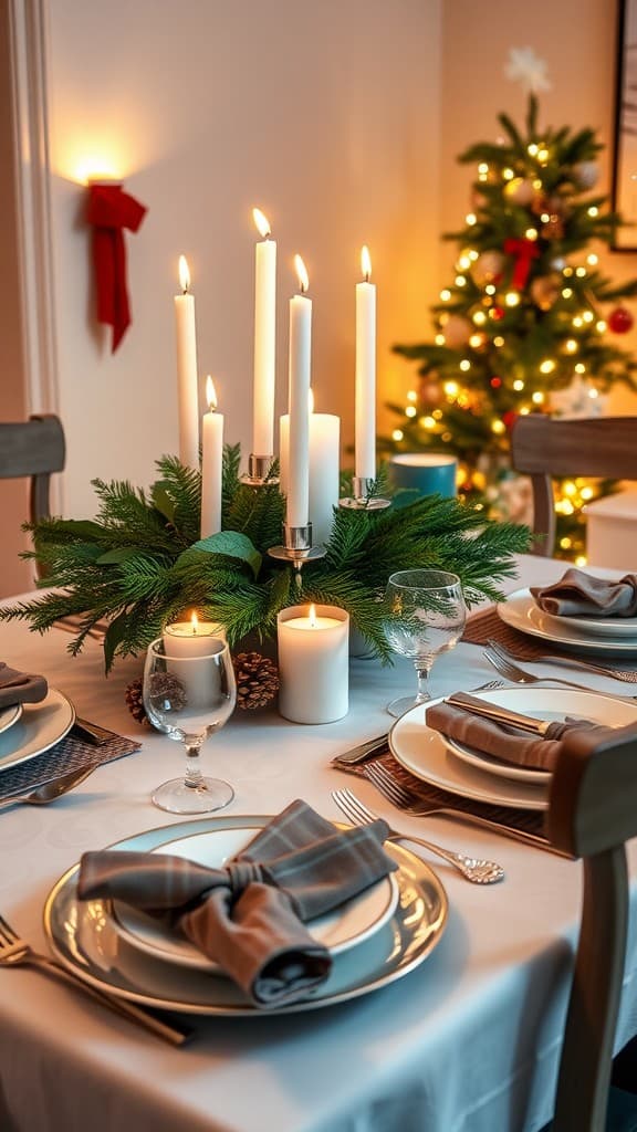 A beautifully set dining table with candles and greenery as centerpieces, decorated for Christmas