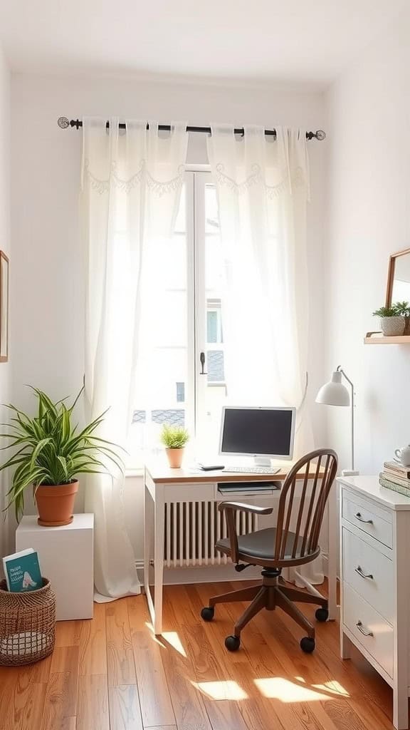 A bright and cozy home office with sheer curtains, a desk, and greenery