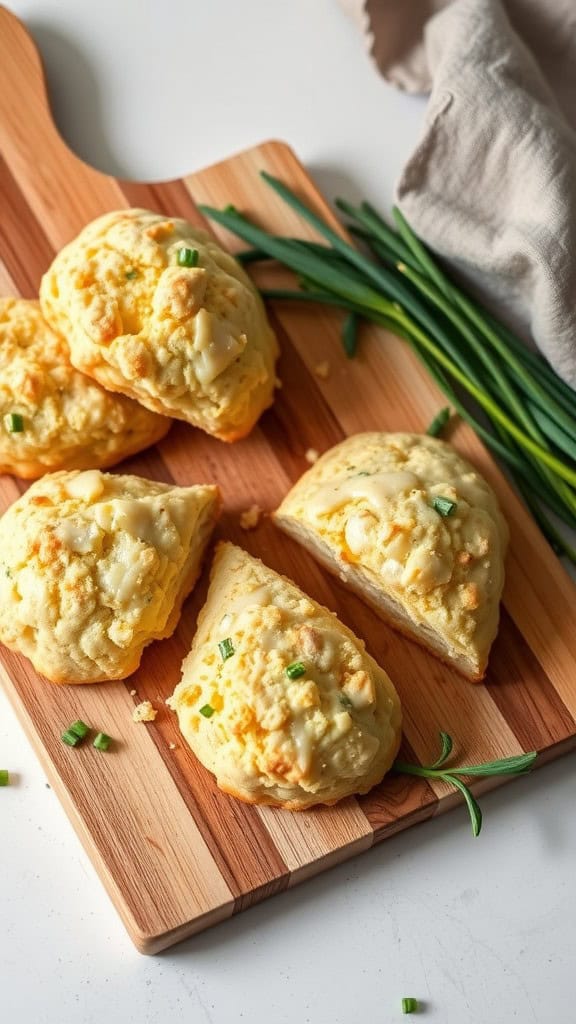 Cheddar and chive scones on a wooden cutting board with fresh chives