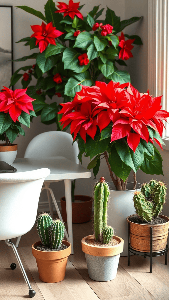 A vibrant display of red poinsettias and various cacti in pots, adding a festive touch to a cozy room.