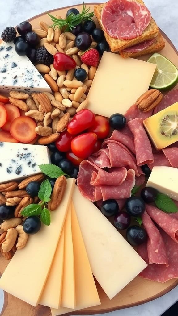 A colorful cheese and charcuterie board with various cheeses, meats, fruits, and nuts.