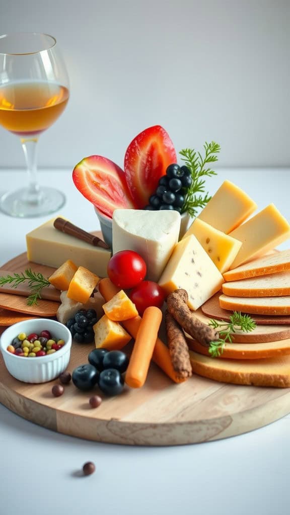 A vibrant charcuterie cup featuring assorted cheeses, meats, vegetables, and fruits.