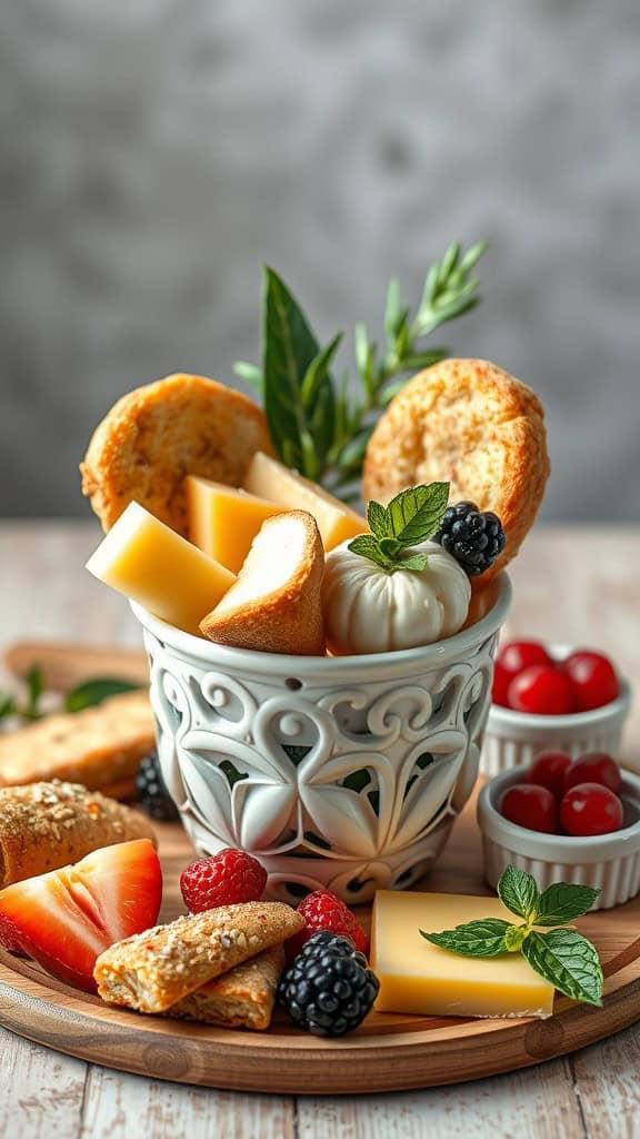 A beautifully arranged charcuterie cup with an assortment of cheeses, fruits, and snacks.