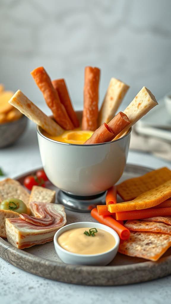 A cheese fondue cup surrounded by various snacks including meat, cheese, and vegetable sticks.