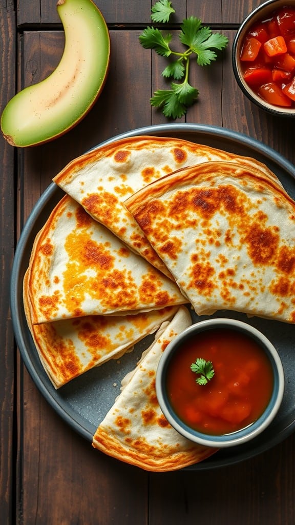 A plate of cheese quesadillas with a bowl of salsa, garnished with cilantro and a banana on the side.