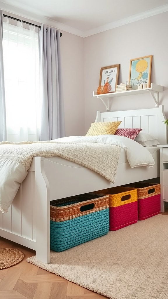 Colorful storage baskets under a white bed in a cozy bedroom setting