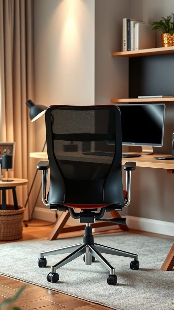 A modern black mesh office chair positioned at a stylish desk in a cozy workspace.