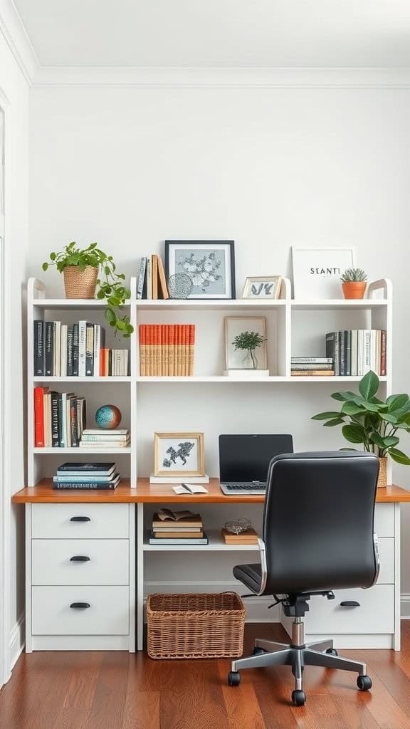 A cozy home office with white shelving, books, plants, and a laptop.