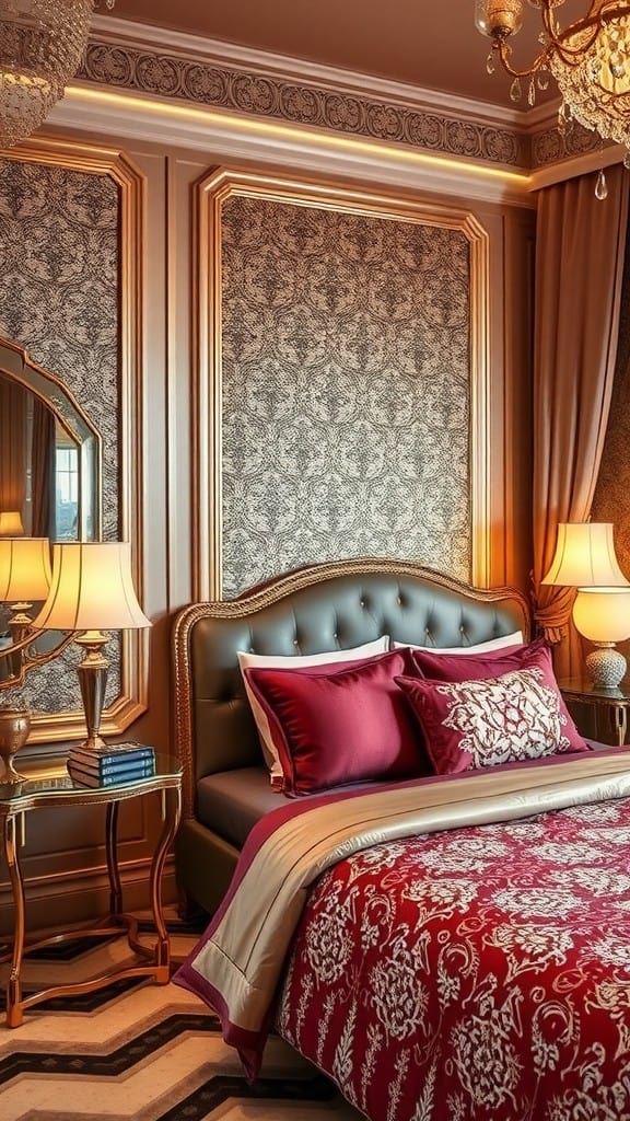 A luxurious cozy bedroom with rich red bedding, elegant lamps, and ornate decor.