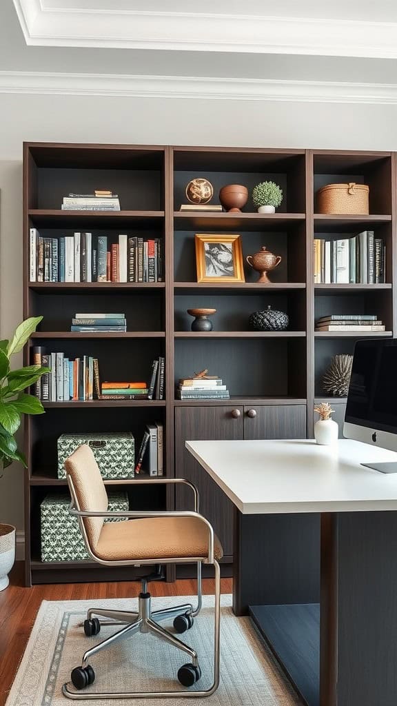 A well-organized luxury home office featuring a bookshelf filled with books and decorative items, a stylish chair, and a modern desk.