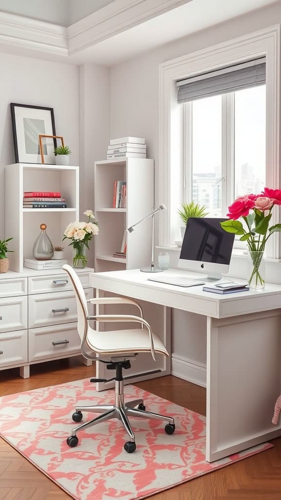 A bright feminine office featuring white furniture, colorful flowers, and a desk with a computer.