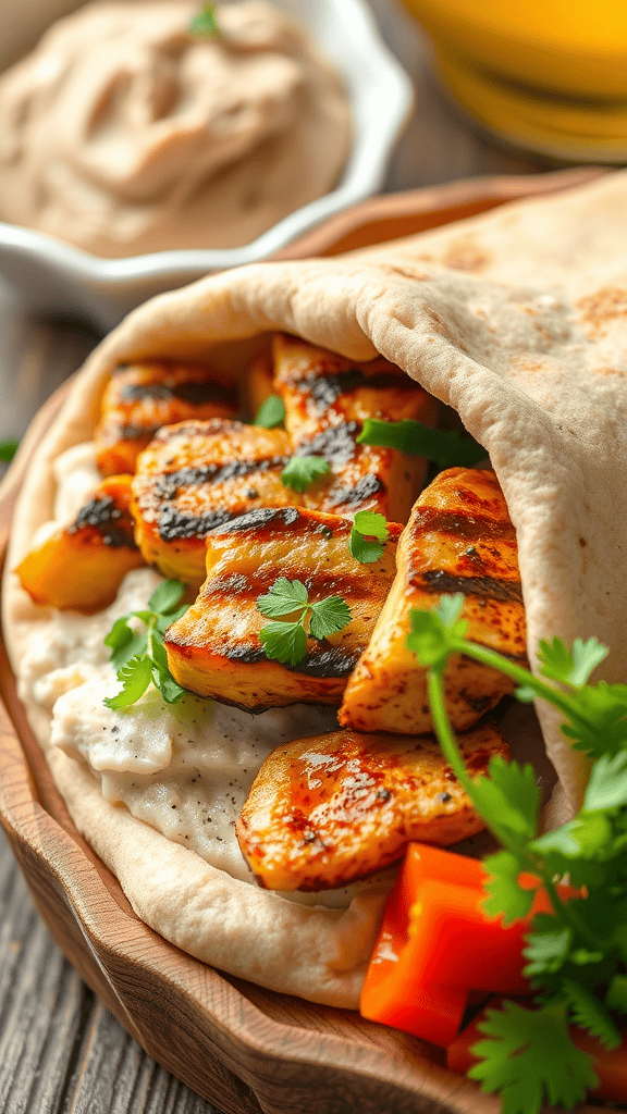 Grilled chicken and hummus in a pita with fresh vegetables