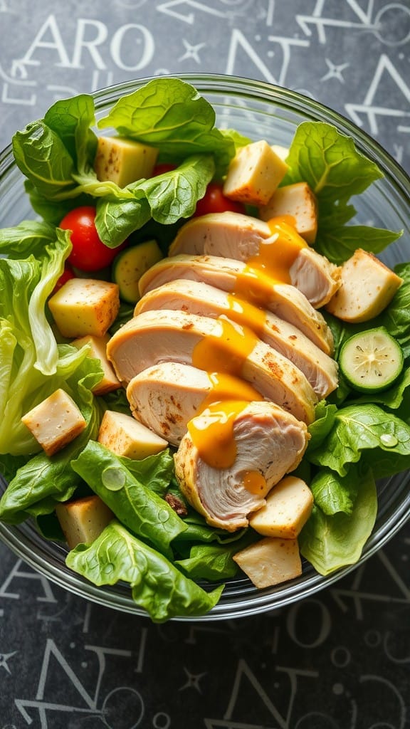 A colorful Chicken Caesar Salad with sliced chicken, lettuce, cheese, and dressing