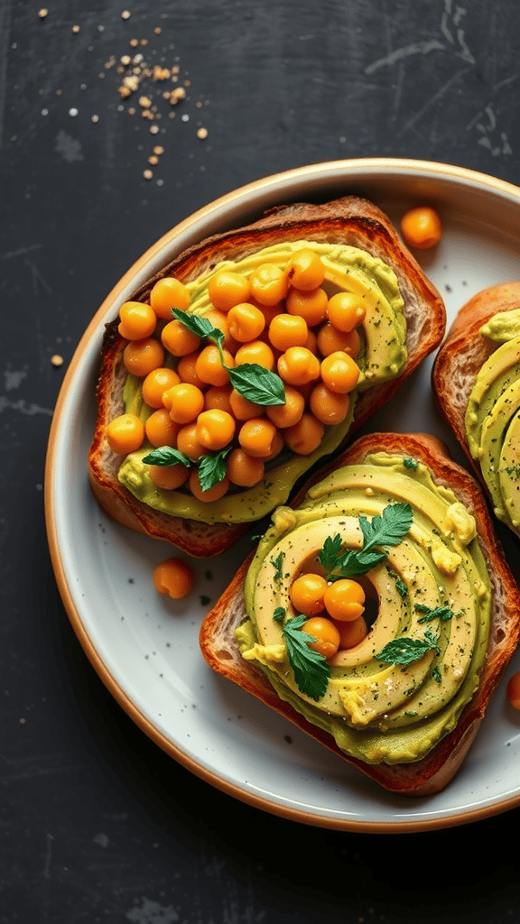 A plate of chickpea and avocado toast topped with yellow chickpeas and fresh herbs.