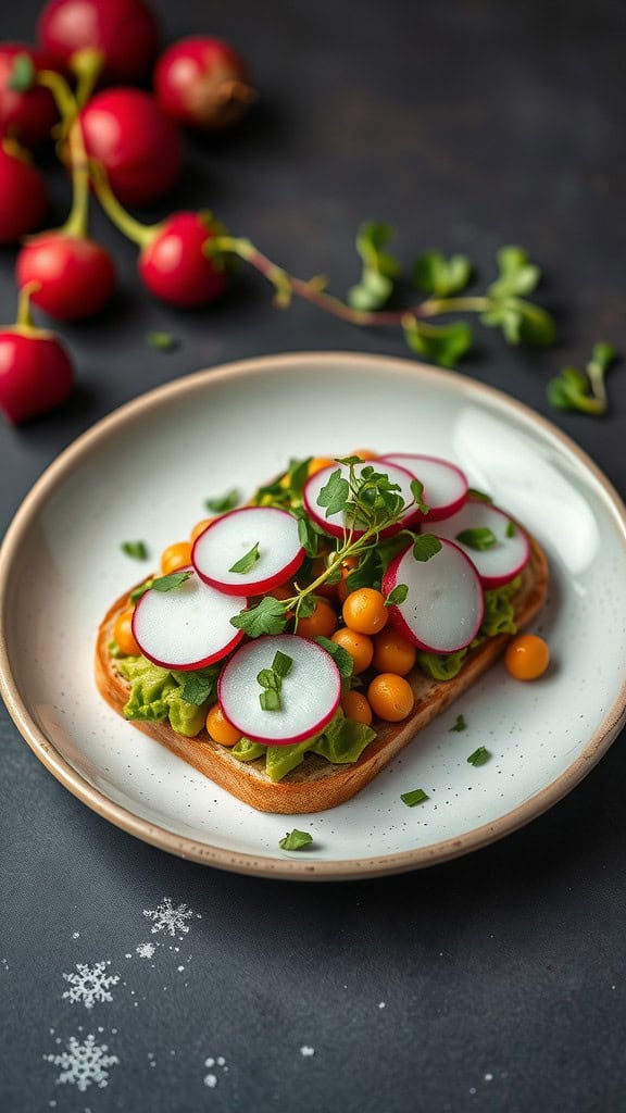 Chickpea and avocado toast topped with radish slices and yellow tomatoes